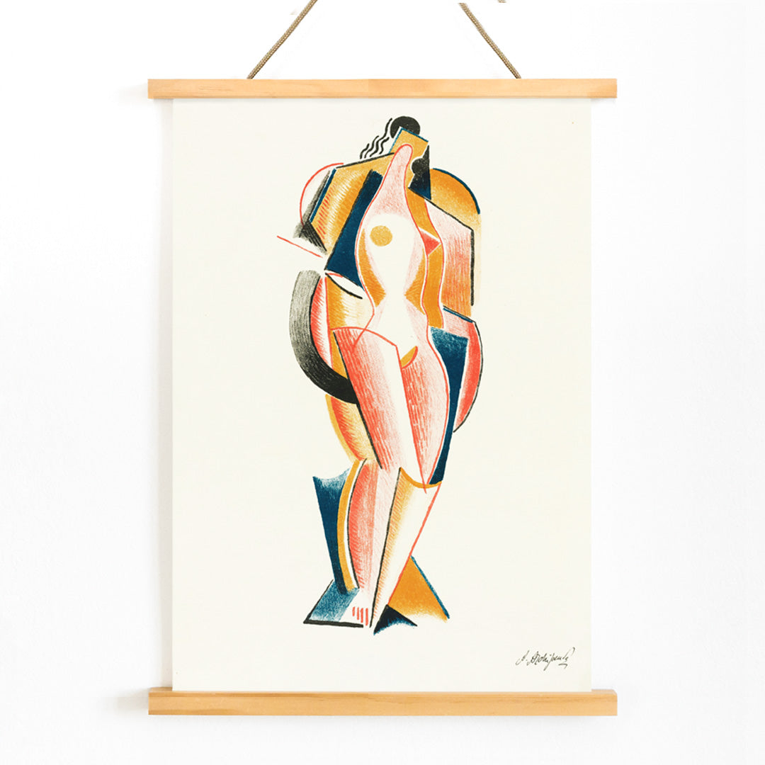 Abstract Nude by Auguste Rodin cubist style nude figure artwork poster for wall decor, with wooden magnetic frame on white background