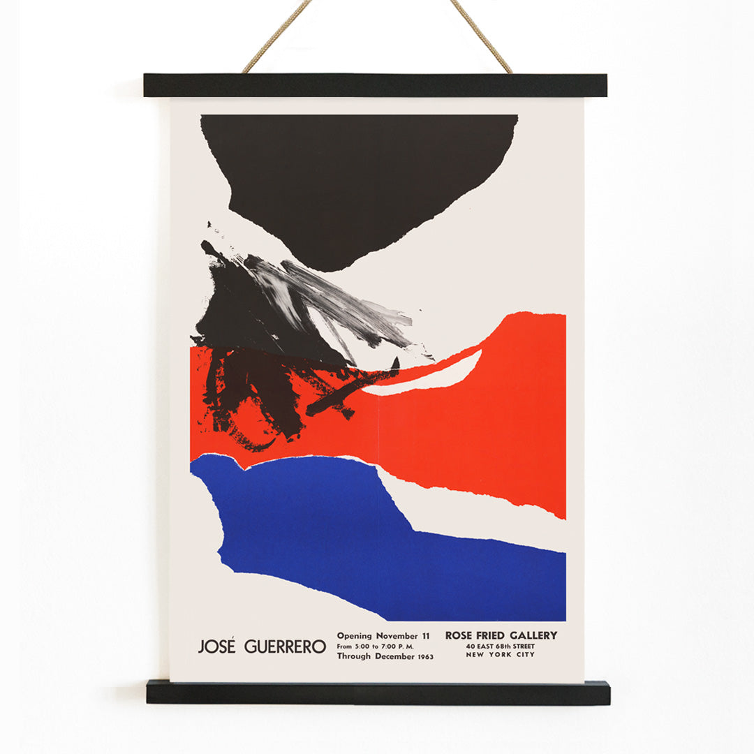 Abstract painting and poster featuring bold black red and blue brushstrokes and shapes by Jose Guerrero at Rose Fried Gallery New York, with wooden magnetic frame on white background