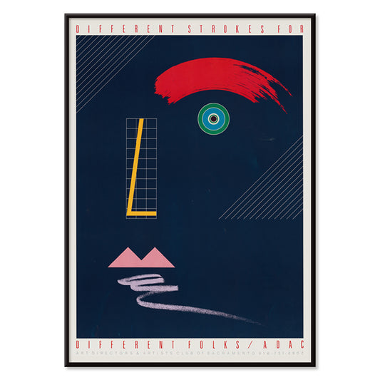 Abstract geometric face artwork poster with bold colors and modern shapes Different Strokes for Different Folks by McRay Magleby, with black aluminium frame on white background
