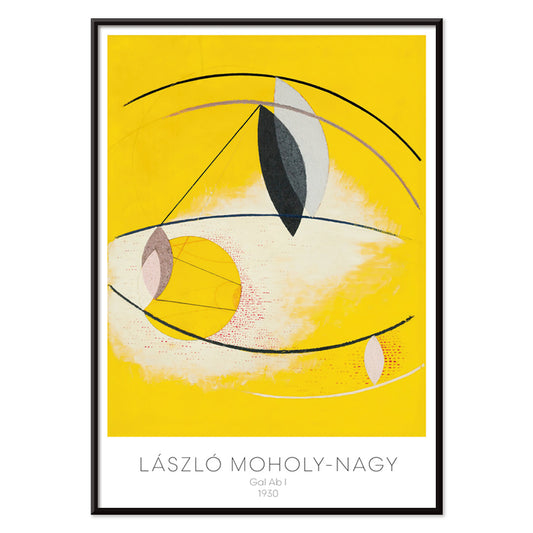 Abstract geometric yellow and white shapes with curved lines artwork Gal Ab I by Laszlo Moholy Nagy poster for wall decor, with black aluminium frame on white background