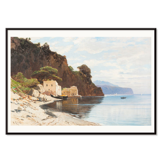 Amalfi Coast landscape with boats cliffs buildings and calm sea by Hermann David Salomon Corrodi, with black aluminium frame on white background