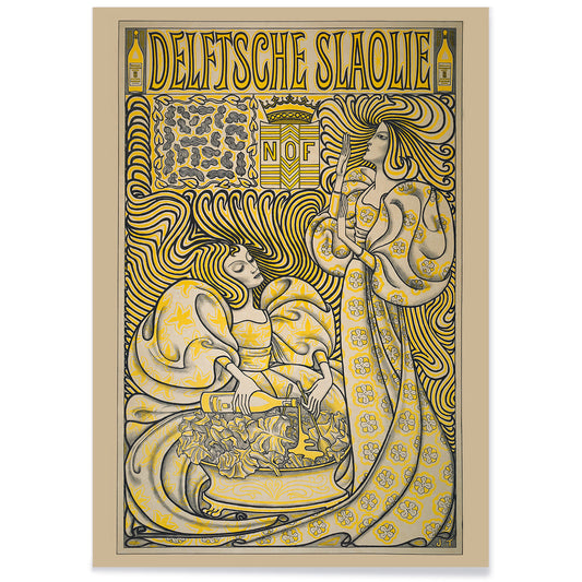 Poster of two women in flowing dresses with decorative swirling patterns and a salad oil bottle Delft Salad Oil by Jan Toorop, with black aluminium frame on white background