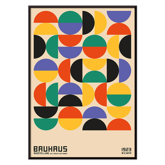 Bauhaus Poster 11 with colorful geometric shapes in a grid pattern inspired by the Weimar Exhibition artwork, with black aluminium frame on white background