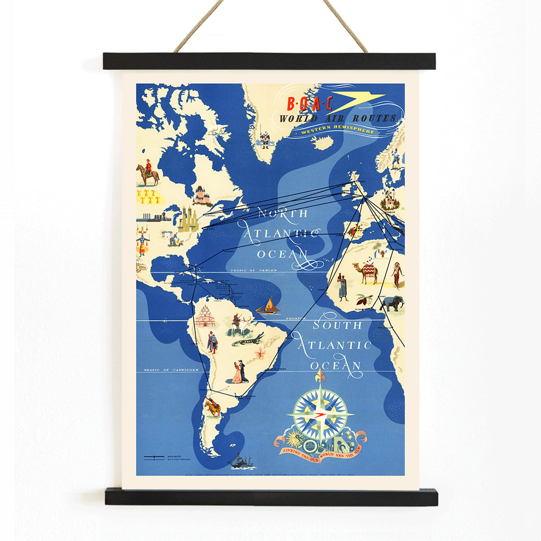 Colorful map and poster of BOAC British Overseas Airways world air routes over the Atlantic Ocean by Seymour EO, with wooden magnetic frame on white background