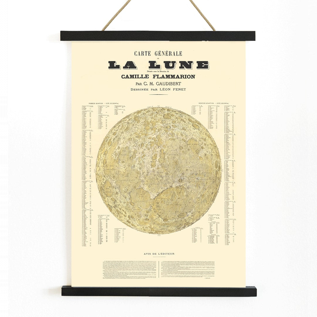 Carte Général de la Lune poster detailed lunar map by Camille Flammarion C M Gaudibert and Léon Fenet, with wooden magnetic frame on white background