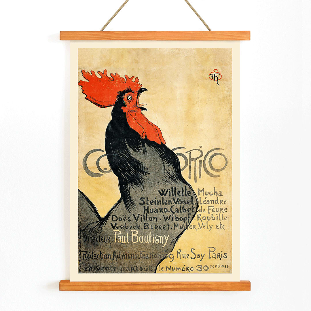 Black rooster with red comb and text promoting Cocorico by Theophile Alexandre Steinlen on yellow background illustration poster, with wooden magnetic frame on white background
