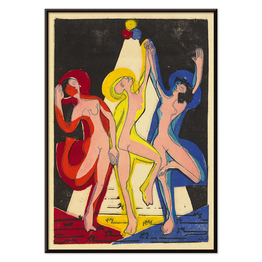 Dance of Colours by Ernst Ludwig Kirchner poster featuring three abstract dancing figures in vibrant hues, with black aluminium frame on white background