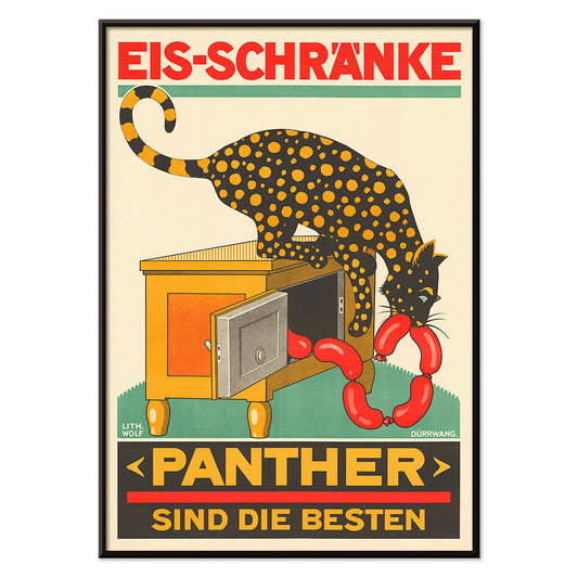Panther Sind die Besten Swiss poster with panther eating sausages from icebox lithograph by Lith Wolf, with black aluminium frame on white background