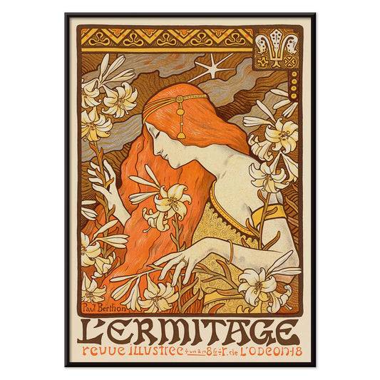 Paul Berthon LErmitage poster with red-haired woman, lilies and floral Art Nouveau ornament, with black aluminium frame on white background