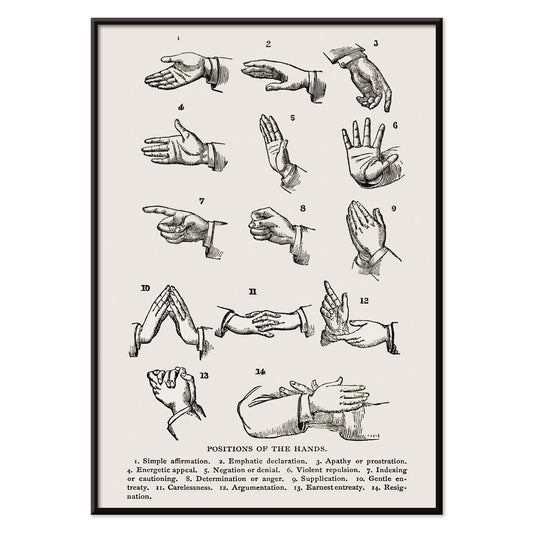 Drawings and poster of hand gesture positions for sign language by Joseph Gibbons Richardson from Positions of the Hands artwork, with black aluminium frame on white background