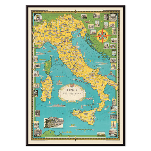 Map of Italy and Vatican City by Ernest Dudley Chase illustrated poster with colorful landmarks and detailed design, with black aluminium frame on white background
