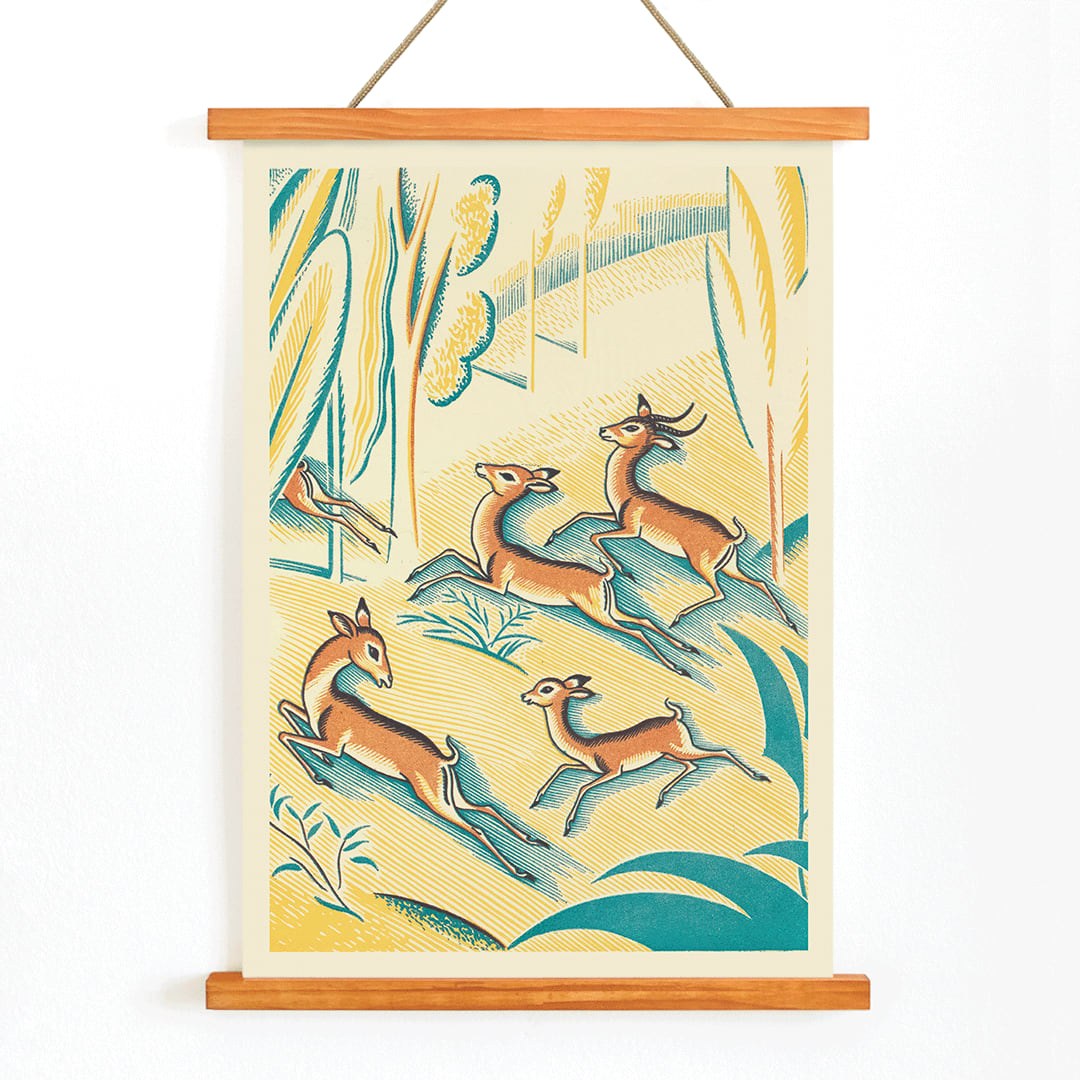 Gazelles in a colorful jungle scene A Jungle Picnic Pl.01 Gazelle by Clifford Webb illustration and poster, with wooden magnetic frame on white background