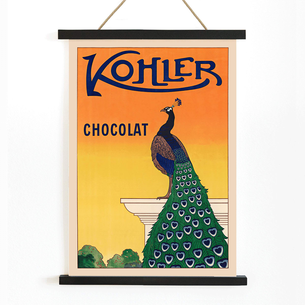 Kohler Chocolat art nouveau poster by F Champenois with vibrant peacock on pedestal against orange background, with wooden magnetic frame on white background