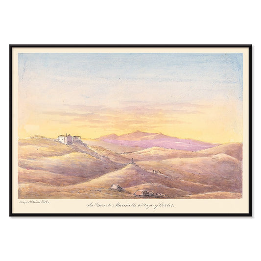 La Fuen de Munia and Village of Cortes by Charles Hamilton Smith scenic landscape poster with hills and distant village, with black aluminium frame on white background