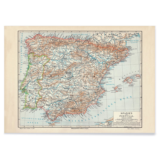 Ancient vintage map of Spain and Portugal with detailed regions and borders by Bibliographic institute of Liepzig poster artwork, with black aluminium frame on white background