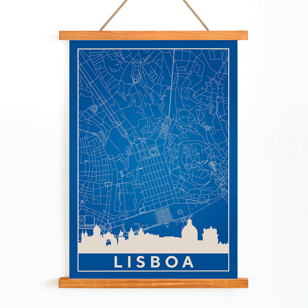 Minimalist Lisbon Map artwork in blue and white showing city map skyline and landmarks silhouette poster, with wooden magnetic frame on white background