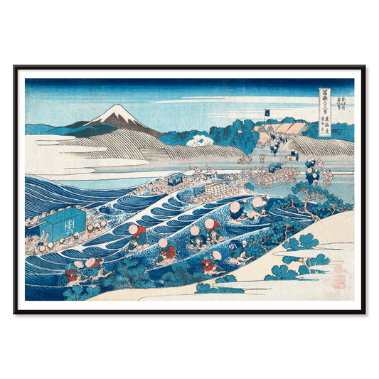 Travelers crossing a river with Mount Fuji in the background in Tokaido Kanaya no Fuji by Katsushika Hokusai poster, with black aluminium frame on white background