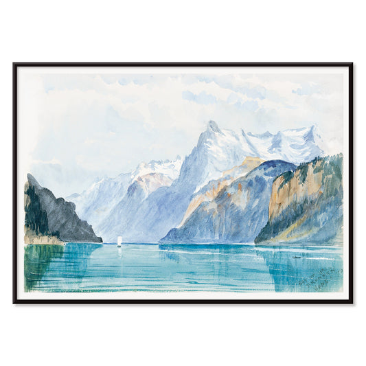Bay of Uri Brunnen Switzerland mountain lake landscape artwork by John Singer Sargent poster for home decor, with black aluminium frame on white background