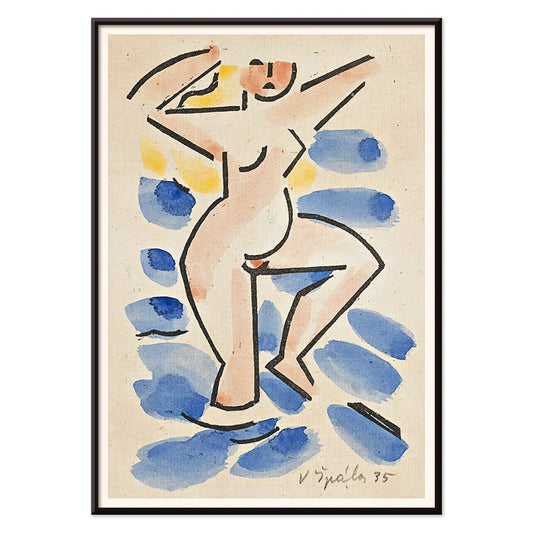 Colorful abstract watercolor painting and poster of a nude figure in blues and pinks titled Nude by Vaclav Spala, with black aluminium frame on white background