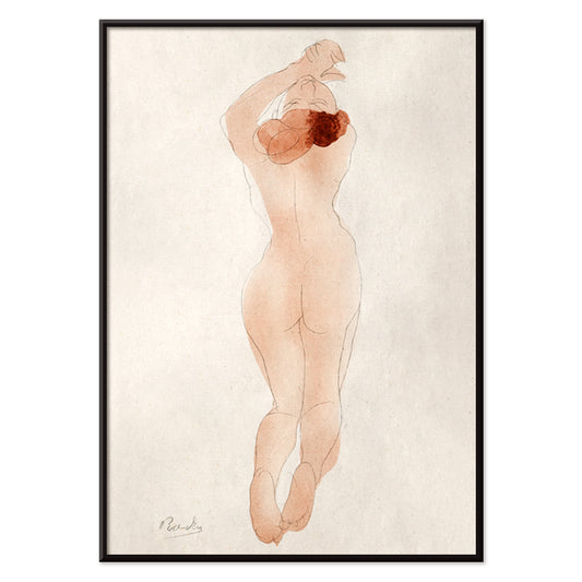 Watercolor sketch and poster of nude woman with red hair arms raised titled Caresse moi donc cheri by Auguste Rodin, with black aluminium frame on white background