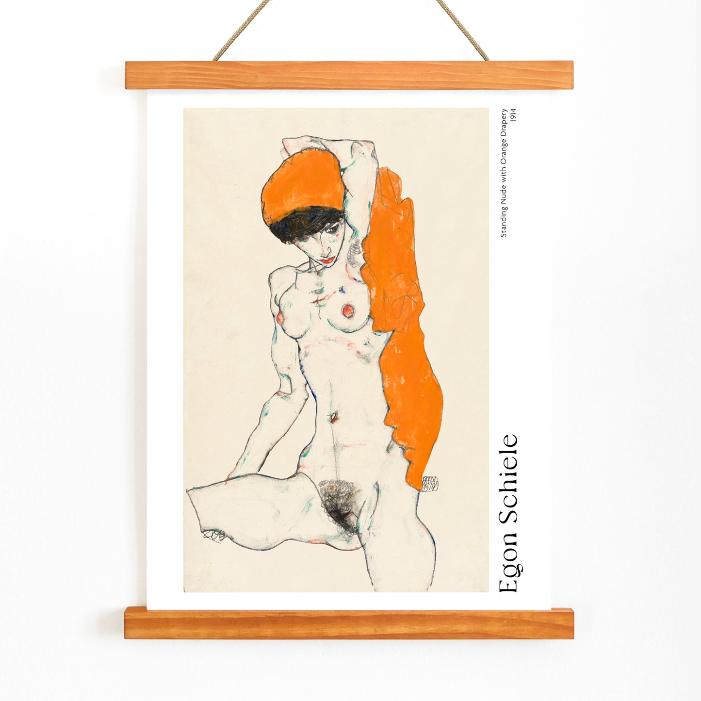 Standing Nude with Orange Drapery by Egon Schiele poster showing a nude woman with orange drapery on her head and side, with wooden magnetic frame on white background