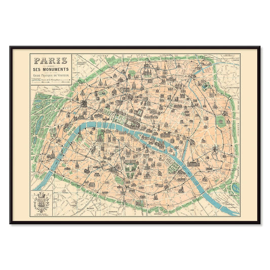 Vintage map of Paris showing monuments from Paris Ses Monuments Guide Pratique Du Visiteur by Borremans F poster, with black aluminium frame on white background