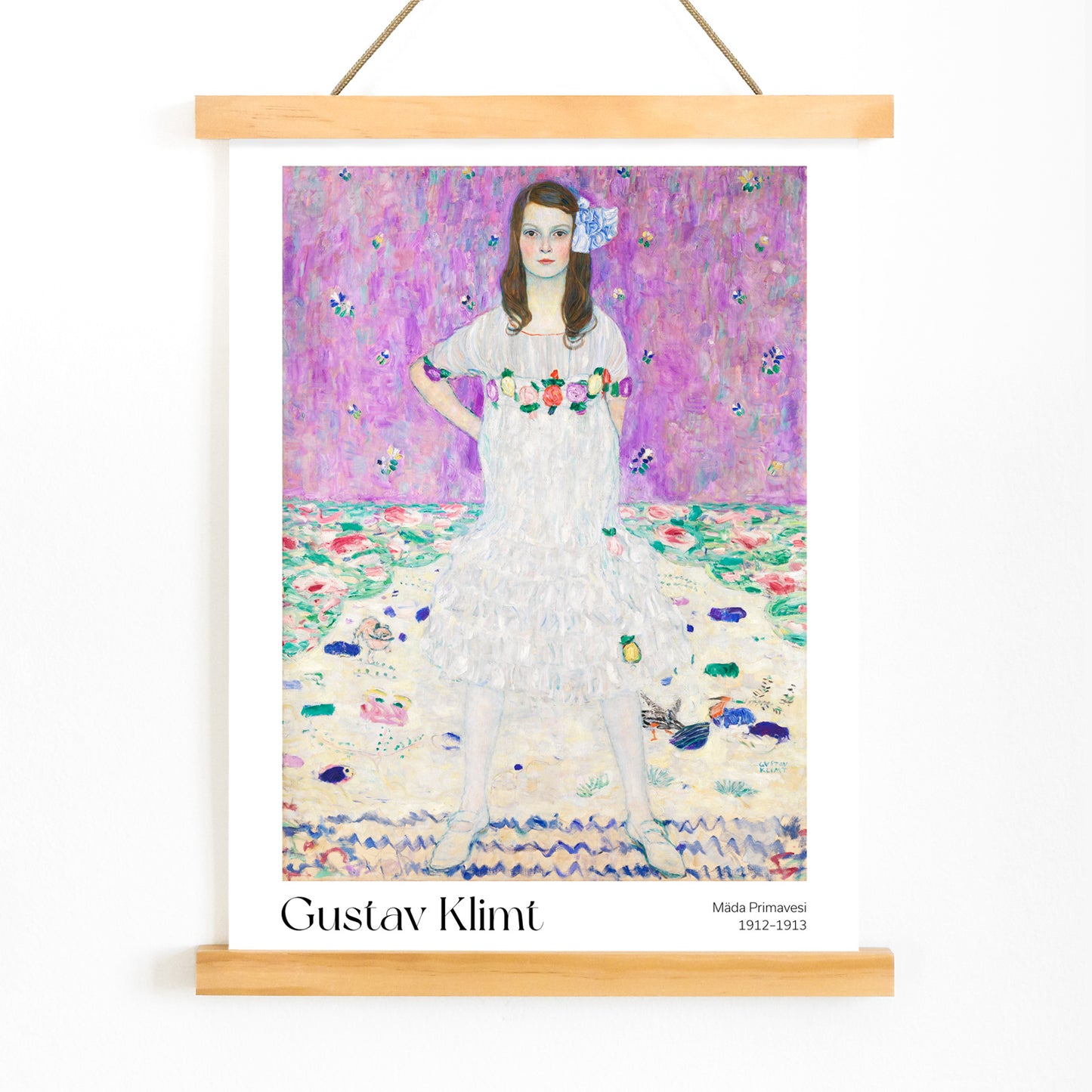Mada Primavesi by Gustav Klimt poster featuring a young girl in a white dress with a colorful floral background, with wooden magnetic frame on white background