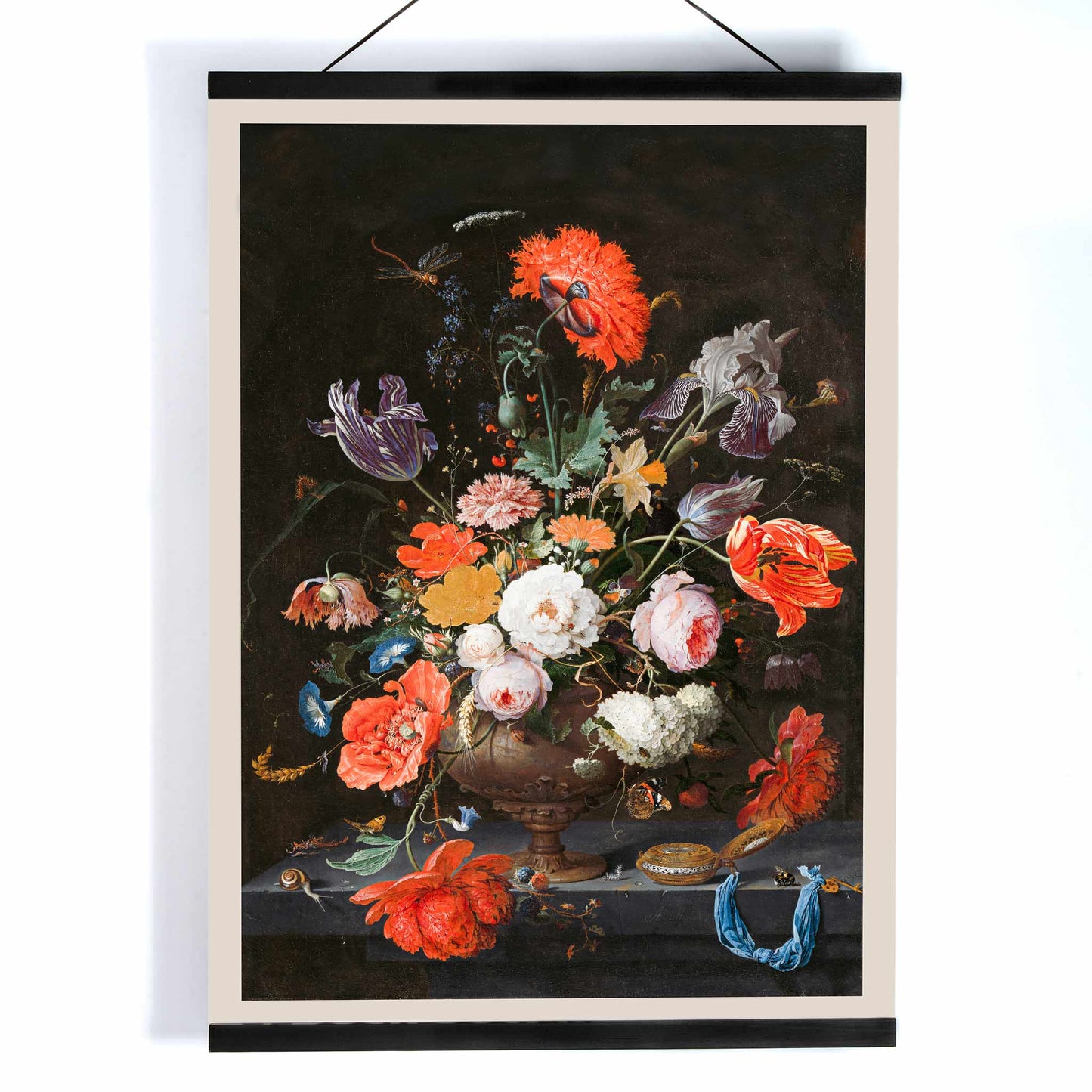 Colorful bouquet of flowers in a vase with a watch vibrant floral arrangement by Abraham Mignon Still Life with Flowers and a Watch poster, with wooden magnetic frame on white background