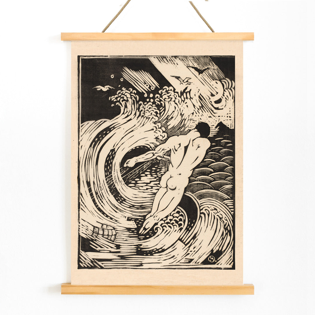 Nude male diving into swirling stormy waves in De visscher by Henri van der Stok poster, with wooden magnetic frame on white background