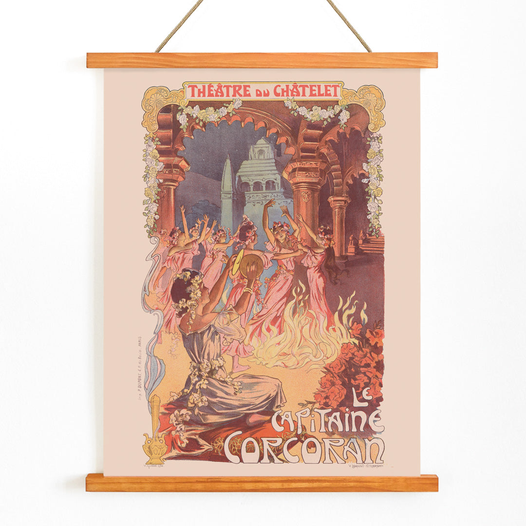 Vintage theater poster women dancing around a fire with floral decorations by Vincent Lorant-Heilbronn for Le Capitaine Corcoran at Théâtre du Châtelet, with wooden magnetic frame on white background