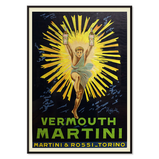 Vintage advertising poster of Vermouth Martini by Leonetto Cappiello featuring a vibrant figure holding bottles with yellow rays burst in the background, with black aluminium frame on white background