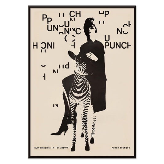Fashionable woman with zebra by Paul Mitzkat Punch Boutique Poster featuring monochrome design and floating text elements, with black aluminium frame on white background