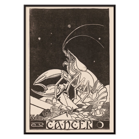 Artistic illustration and poster of Cancer zodiac sign with crab under stars by Henri van der Stok, with black aluminium frame on white background