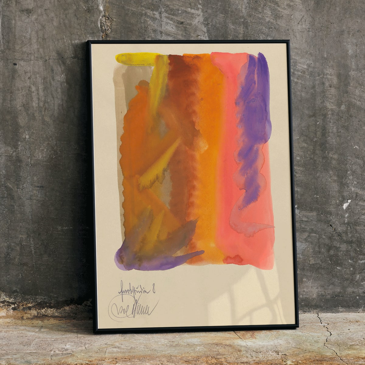 Vibrant abstract painting by Karl Wiener titled Farbstudien 10 Blätter VIII featuring bold colors dynamic shapes and orange purple pink hues poster, framed and displayed in modern living room decor