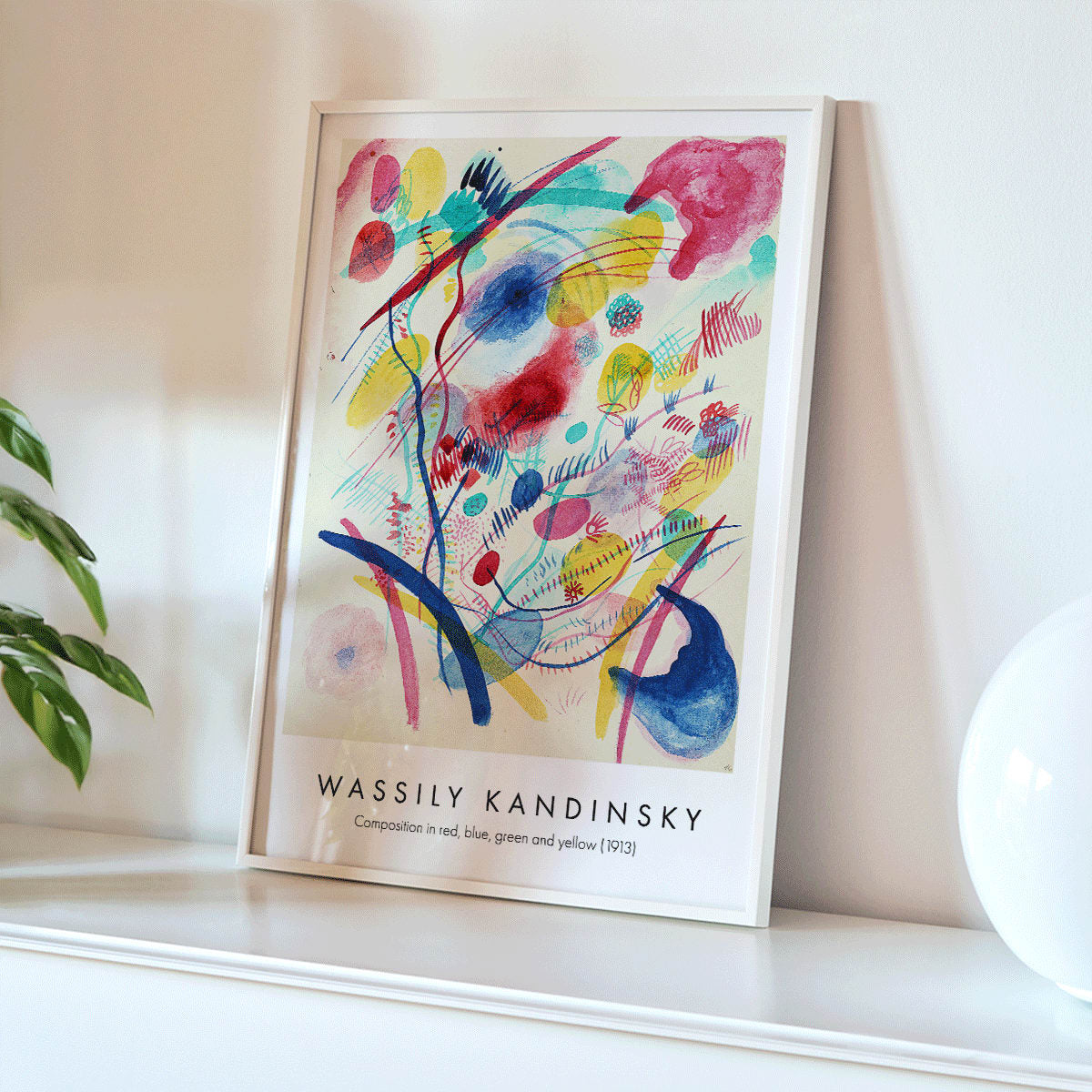 Abstract colorful painting and poster of abstract art with dynamic shapes and vivid red blue green and yellow brushstrokes by Wassily Kandinsky Composition in red blue green and yellow, framed and displayed in home decor