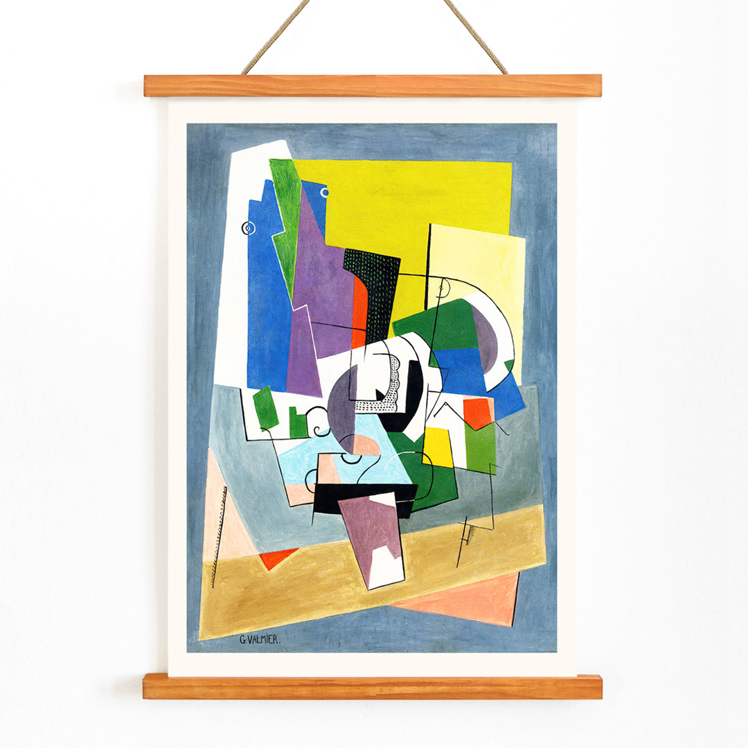 Poster of abstract geometric shapes in vibrant colors from Composition by Georges Valmier, with wooden magnetic frame on white background