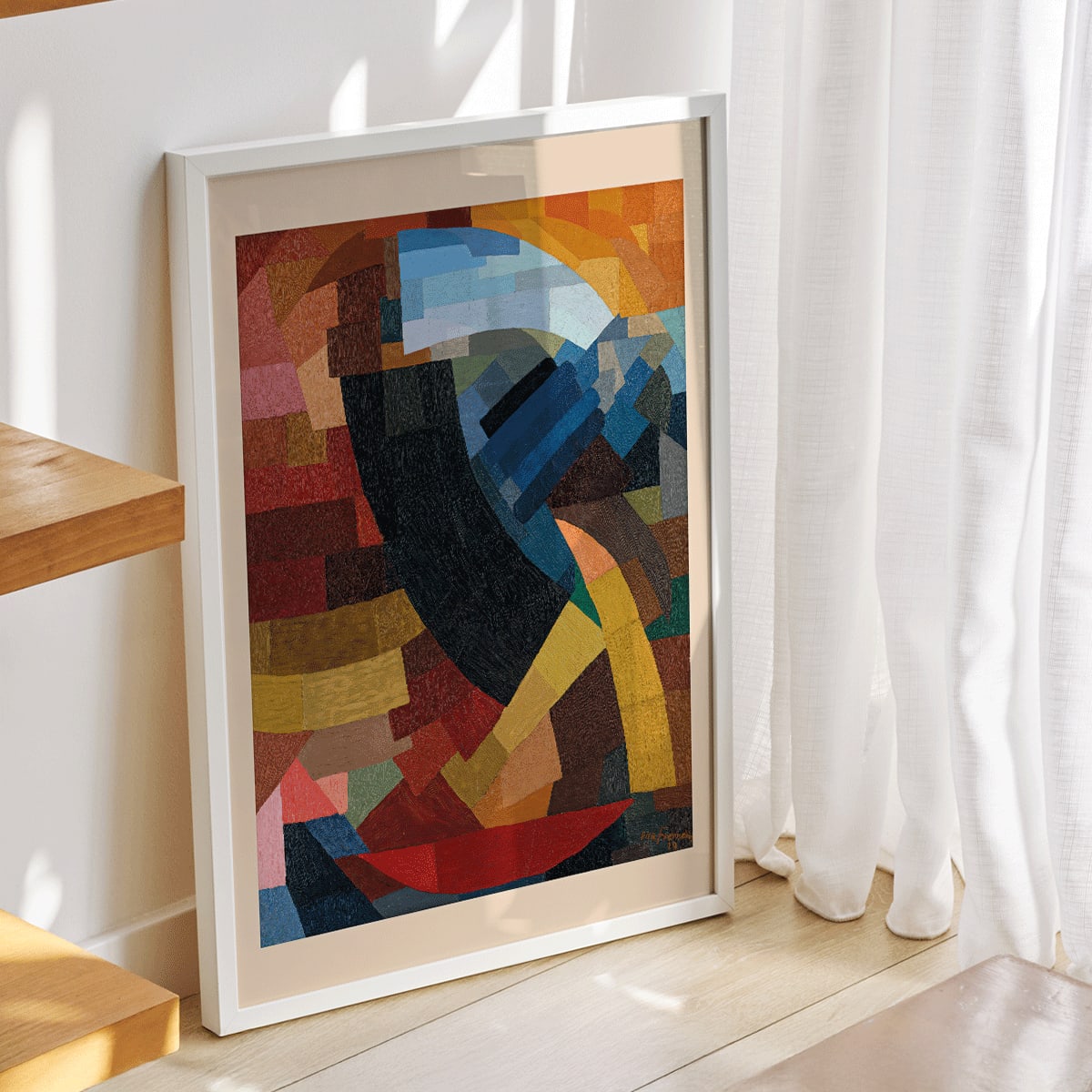 Abstract geometric composition and poster with vibrant colors and shapes from Fragments de figure a l ensemble des plans by Otto Freundlich, framed and displayed in modern living room decor