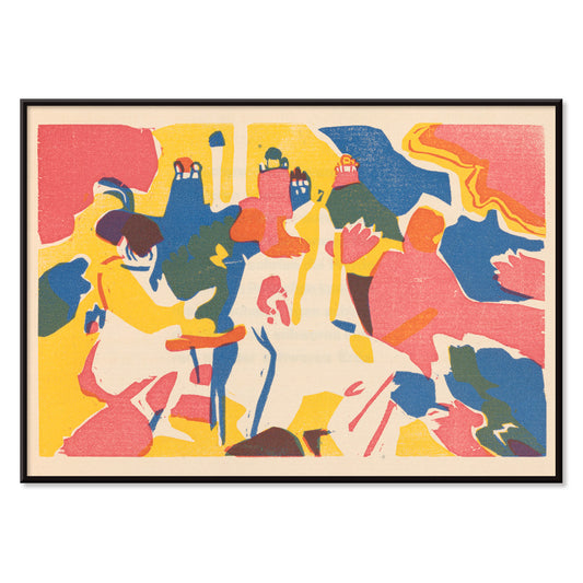 Colorful abstract composition with dynamic shapes and figures Klänge Pl 19 by Wassily Kandinsky modern art poster for home decor, with black aluminium frame on white background