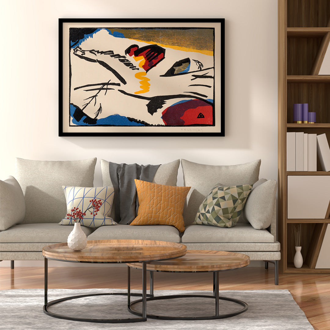 Abstract modern art poster Lyrisches by Wassily Kandinsky with bold lines and vivid colors, framed and displayed in home decor