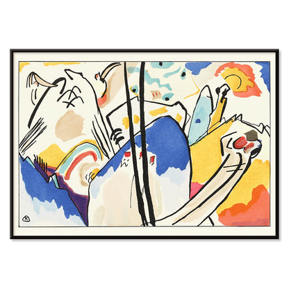 Abstract art Der Blaue Reiter by Wassily Kandinsky featuring vibrant colors dynamic shapes and geometric forms, with black aluminium frame on white background