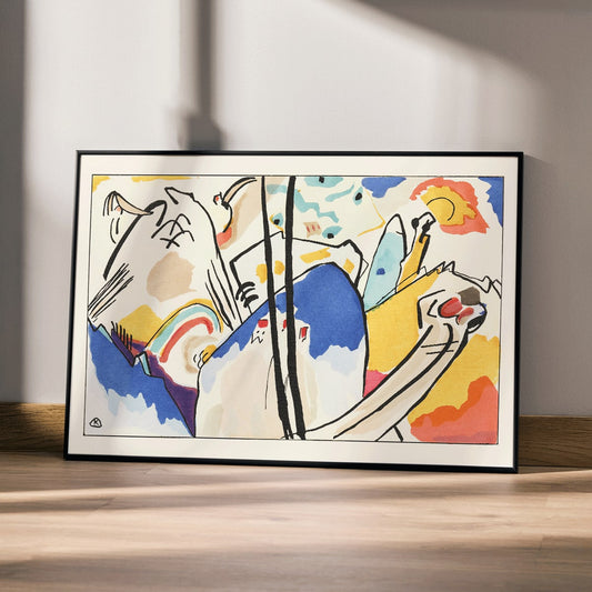 Abstract art Der Blaue Reiter by Wassily Kandinsky featuring vibrant colors dynamic shapes and geometric forms, framed and displayed in home decor