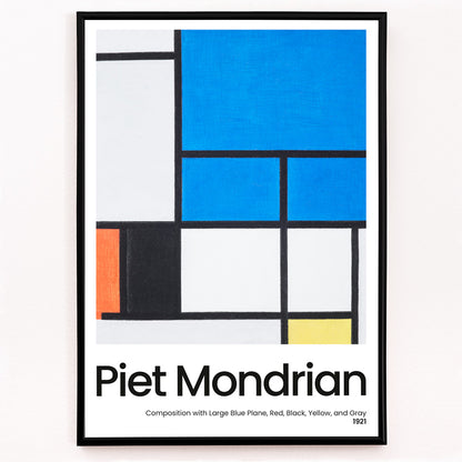 Closeup detail of Abstract geometric painting and poster featuring Composition with Large Blue Plane Red Black Yellow and Gray by Piet Mondrian