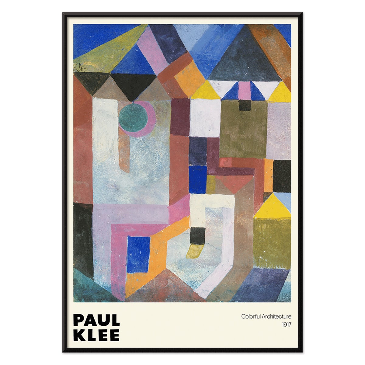 Colorful abstract geometric art poster by Paul Klee titled Colorful Architecture featuring vibrant shapes and colors, with black aluminium frame on white background