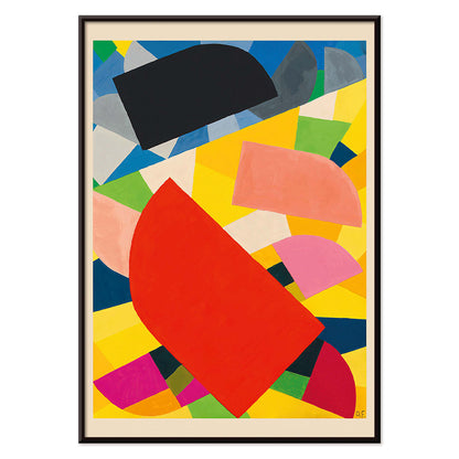 Abstract geometric poster Komposition by Otto Freundlich featuring bold colorful shapes on vibrant yellow background, with black aluminium frame on white background
