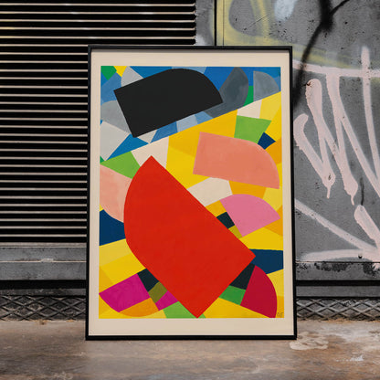 Abstract geometric poster Komposition by Otto Freundlich featuring bold colorful shapes on vibrant yellow background, framed and displayed in home decor