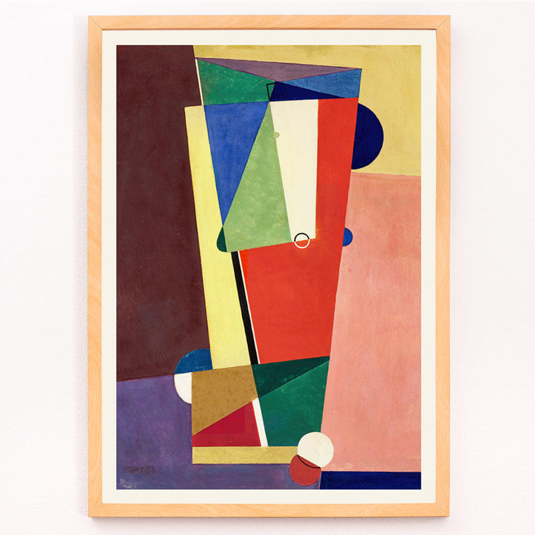 Closeup detail of Abstract geometric shapes in vibrant colors inspired by Georges Valmier modern wall art poster suitable for contemporary decor