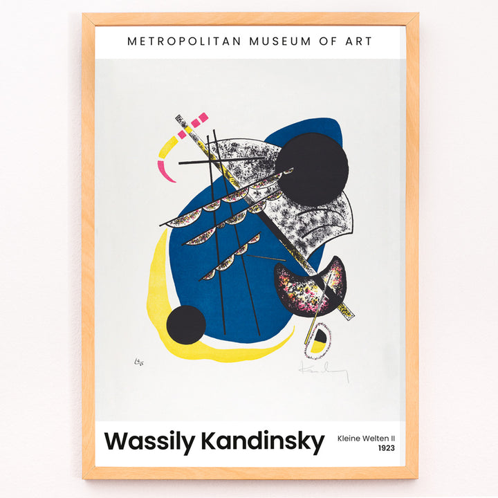 Closeup detail of Abstract geometric art poster with bold colors blue yellow and black featuring Kleine Welten II Small Worlds II by Wassily Kandinsky