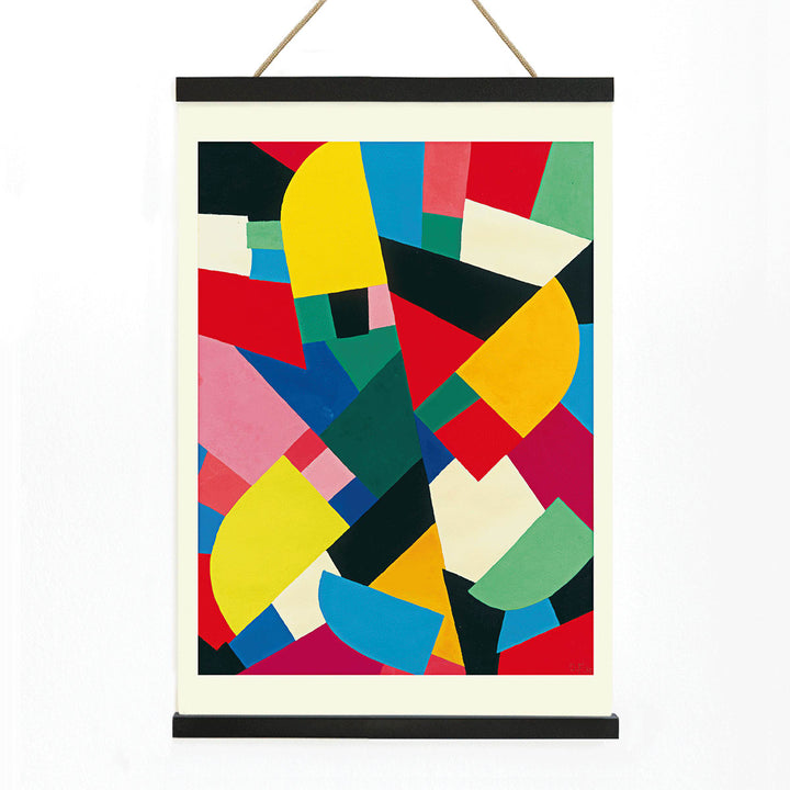 Abstract colorful geometric shapes painting and poster Color Patchwork Sans Titre by Otto Freundlich for modern decor, with wooden magnetic frame on white background