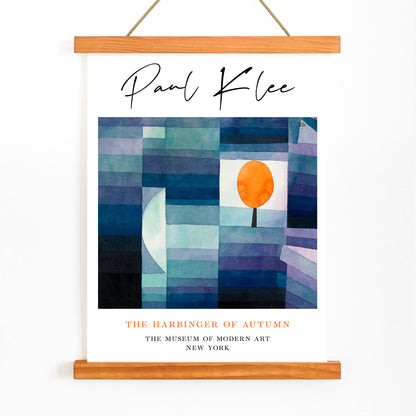 Geometric abstract landscape with vibrant orange tree by Paul Klee from The Harbinger of Autumn poster for wall decor, with wooden magnetic frame on white background