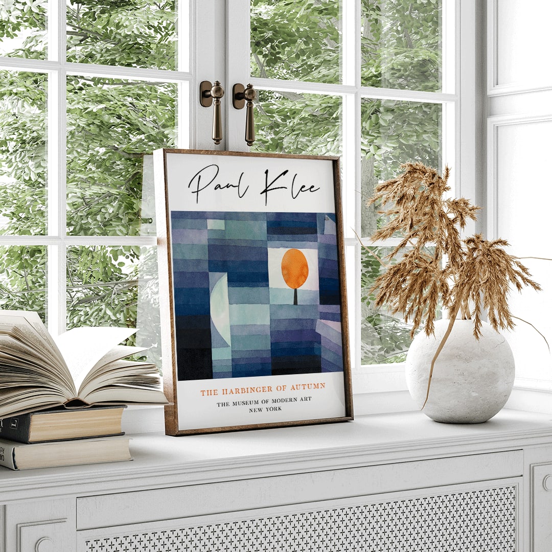 Geometric abstract landscape with vibrant orange tree by Paul Klee from The Harbinger of Autumn poster for wall decor, framed and displayed in home decor